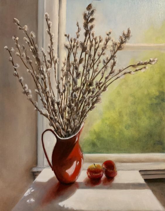 Red Vase With Pussy Willows Michael Mcgrath Art Paintings Prints