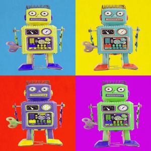 Four  retro tin robot toys  Pop art