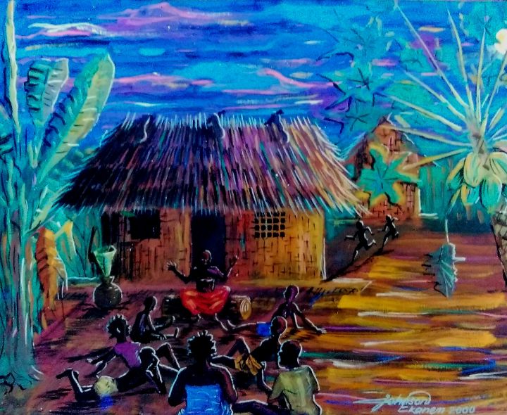 GRANDPA'S FOLKTALES - Johnson Ekanem - Paintings & Prints, Ethnic,  Cultural, & Tribal, African, African Society & Peoples - ArtPal