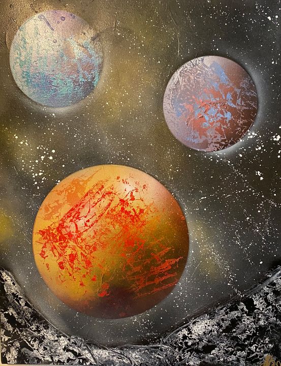 Orange planet with its moons 9 - Artist Anni