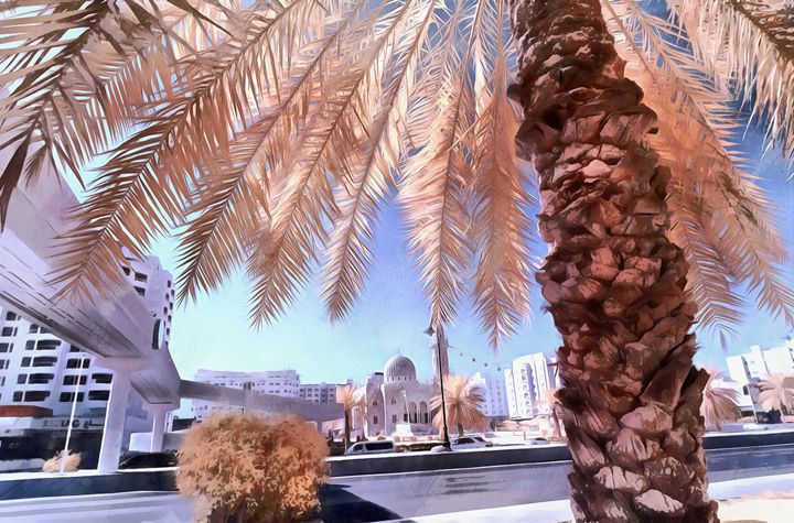 Date palm with mosque in background - Chandra