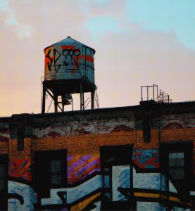 NYC water tower at sunset