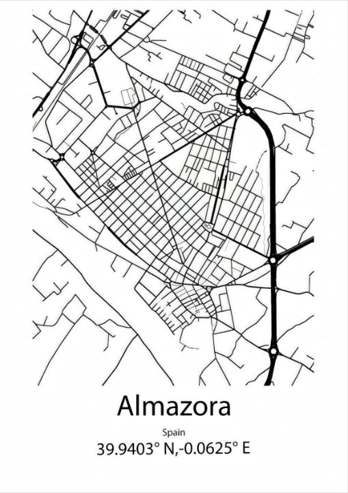 Almazora,Spain Line Map Art - Kaigozen - Drawings & Illustration ...