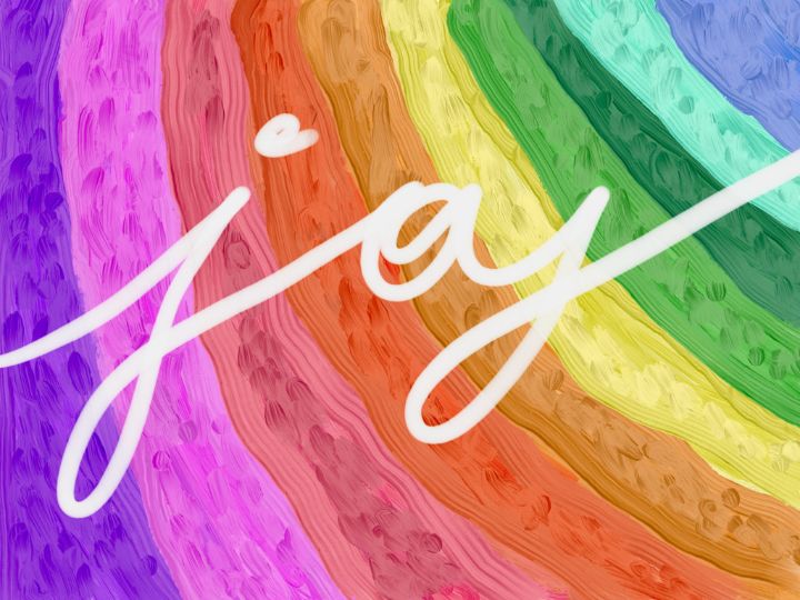 Joy text rainbow background - Hooked