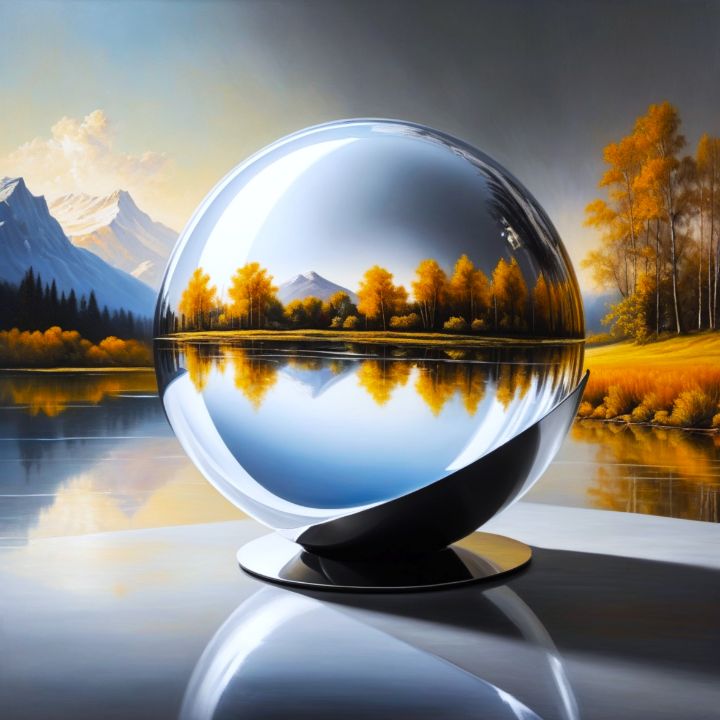 Abstract Metal Ball by a Lake - A.D. Visual - Drawings & Illustration,  Landscapes & Nature, Lakes & Ponds - ArtPal