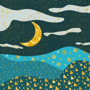 Abstract gold foil moon over hills