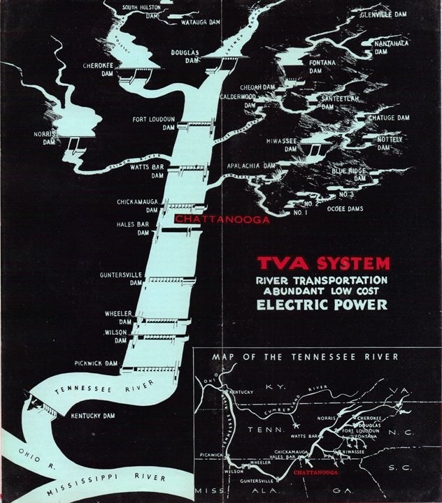 Vintage map of the Tva System - Historic Chattanooga