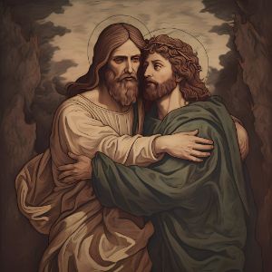 Jesus hugging the antichrist Chyrent Paintings Prints