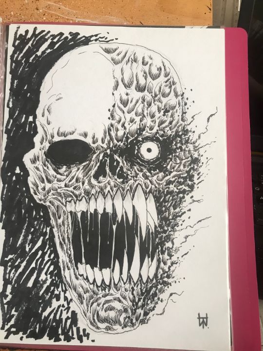 Two Faced Skull Ink Art - Original Horror Art By Wayne Tully