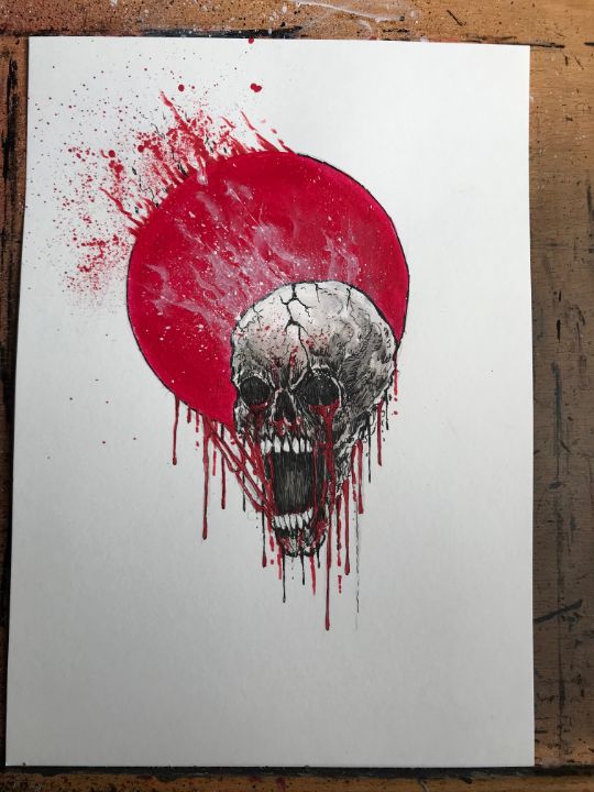 Japan Sun Blood Skull Art - Original Horror Art By Wayne Tully