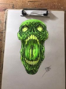 Neon Green Horror Skull Sketch
