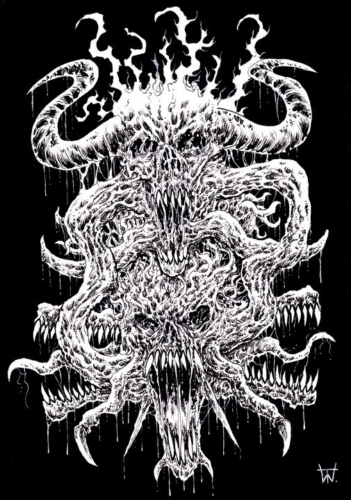 Do detailed dark art illustration, horror, brutal, metal by