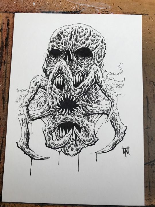 Demon Skull Ink Drawing - Original Horror Art By Wayne Tully