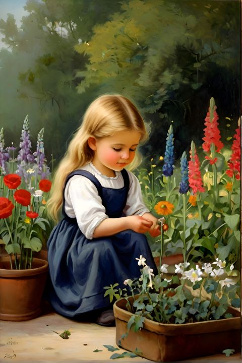 Girl Plucking Flowers in the Garden - Fine art - Paintings