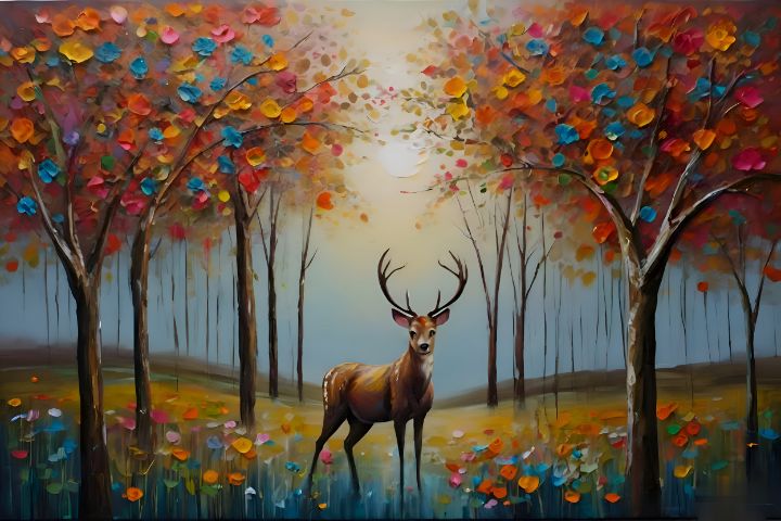 Hand Painted Abstract Deer Oil Painting On Canvas - Sunset outlet Landscape Art