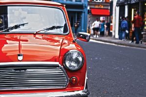 Mini red car in central London, Soho