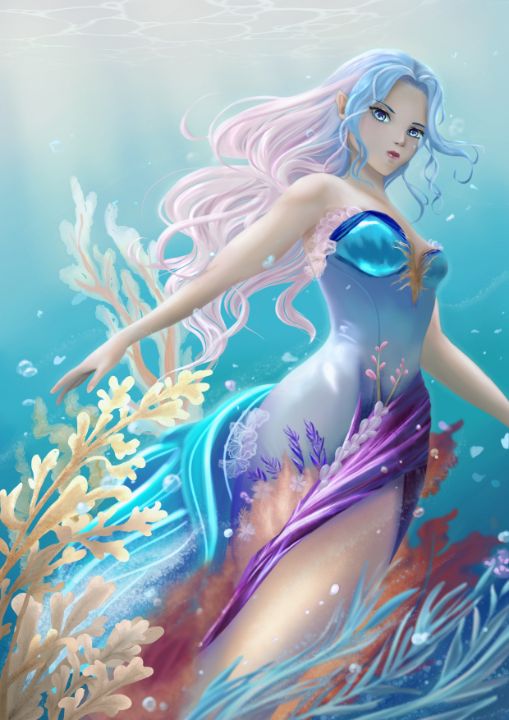 Neon, Anime, Mermaid, Girls, Digital Painting - Mermaid Love - Sticker |  TeePublic