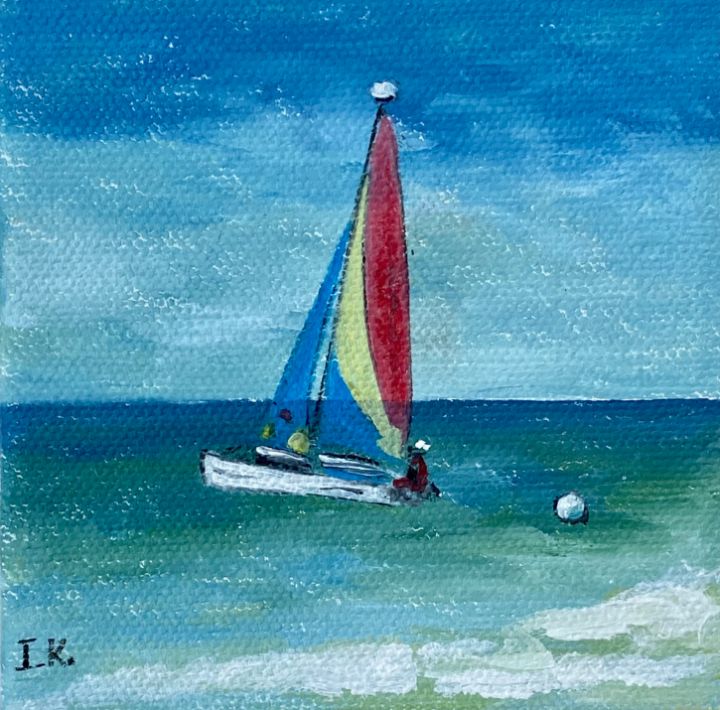 Nocturn - One of kind watercolor painting store - Sunset on beach with sailboat