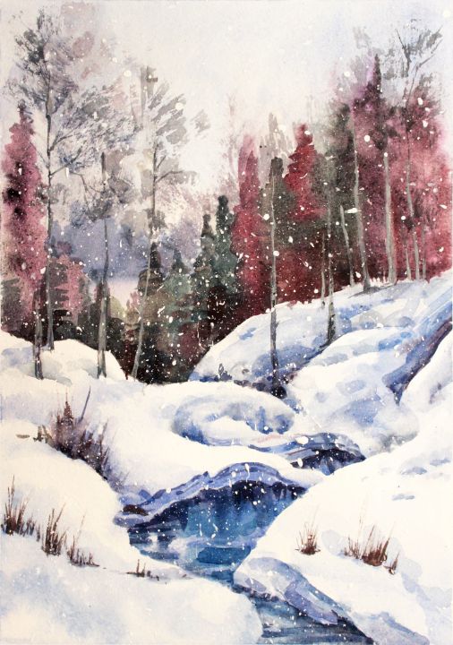 Stream in the winter forest - MarArt - Paintings & Prints, Landscapes ...