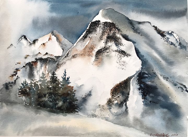 One shops of a Kind Watercolor Painting Snowy Mountain - Watercolor Art