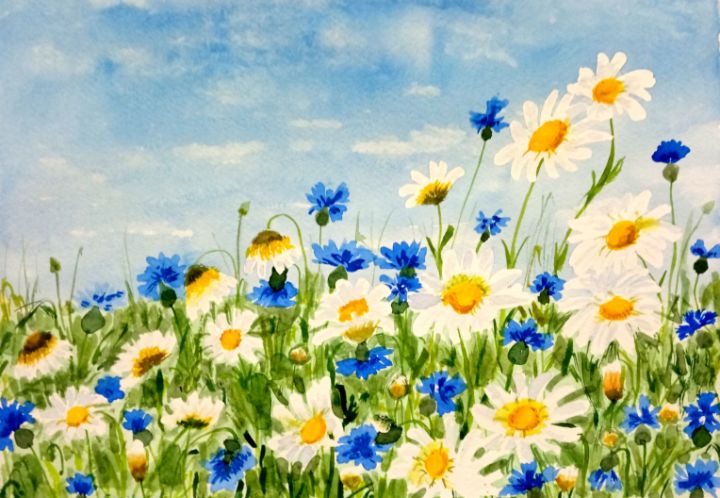 Daisies and cornflowers watercolor - Art from Tany Sopikova