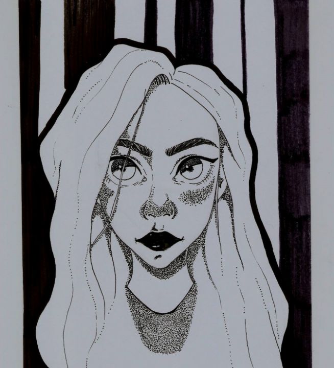 Girl with Big Eyes Ink Dot Art - DianaArtsAndCrafts - Drawings