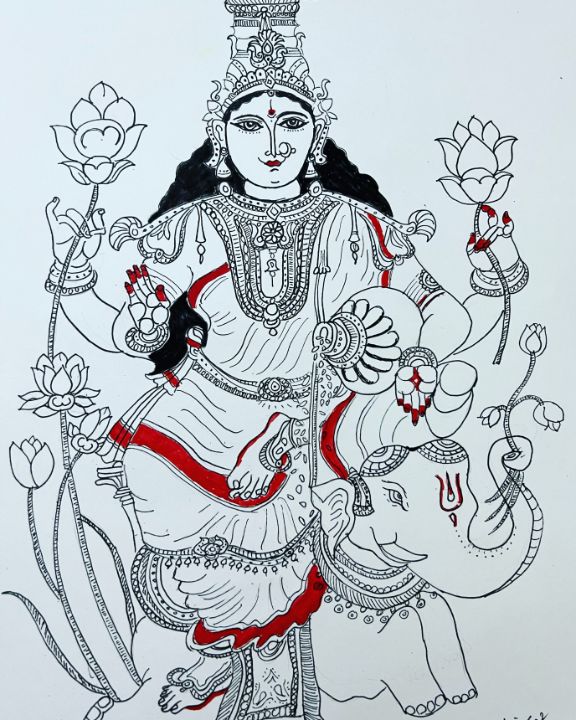 Goddess Durga pencil sketch This Durga painting is brightly coloured with  pencil. This painting portrays Durga facial features in detailed. Artist  has accurately painted her eyes and nose prominently. This goddess Durga