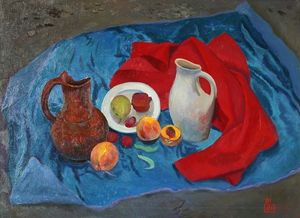 Still life with peaches and a jug