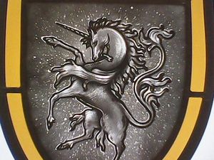 Unicorn heraldic stained glass crest
