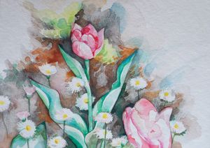 Pink tulip and daisies