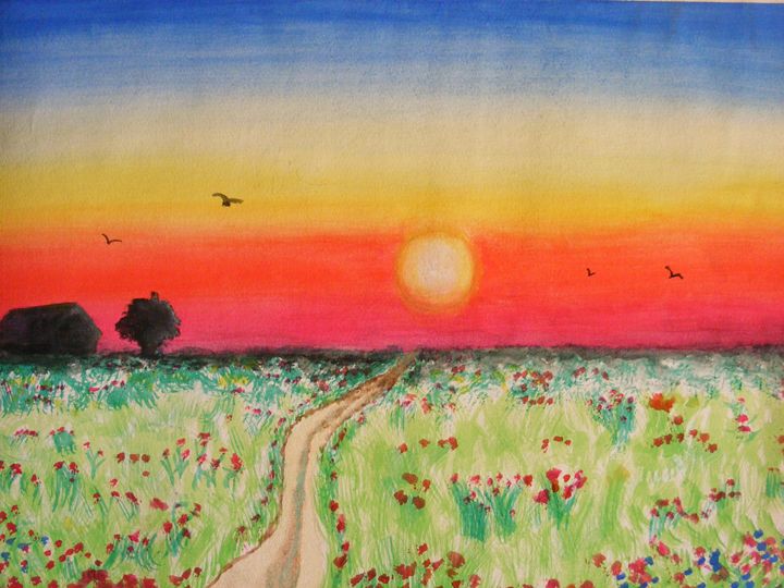 Sunset Paintings By Sara Drawings Illustration Landscapes Nature Fields Wildflower Flower Fields Artpal