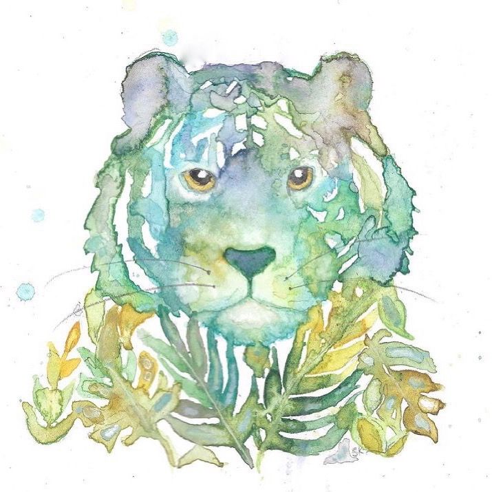 Dreamy tiger and plants watercolor - Summer's Watercolor