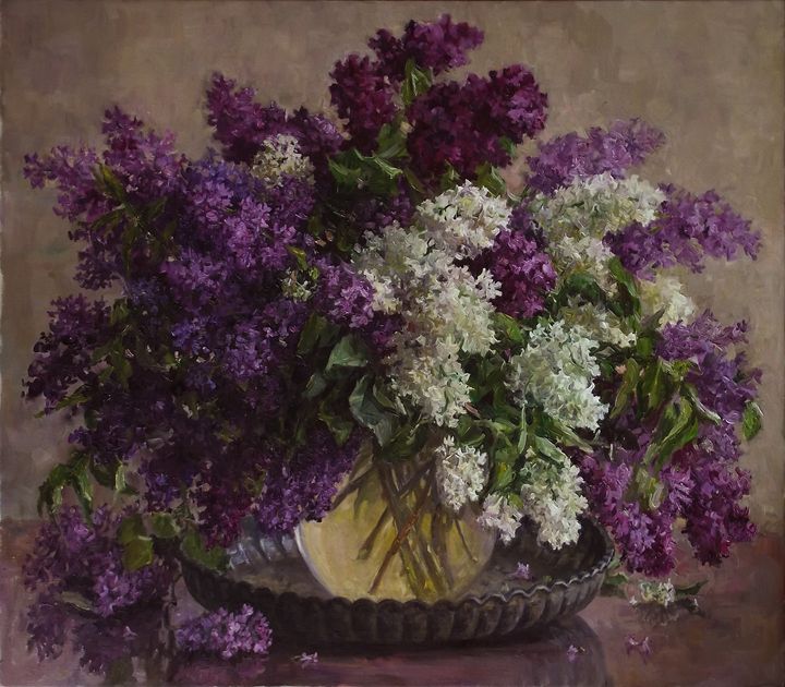 Lilacs With The Salver - Folk Art - Paintings & Prints, Flowers, Plants 