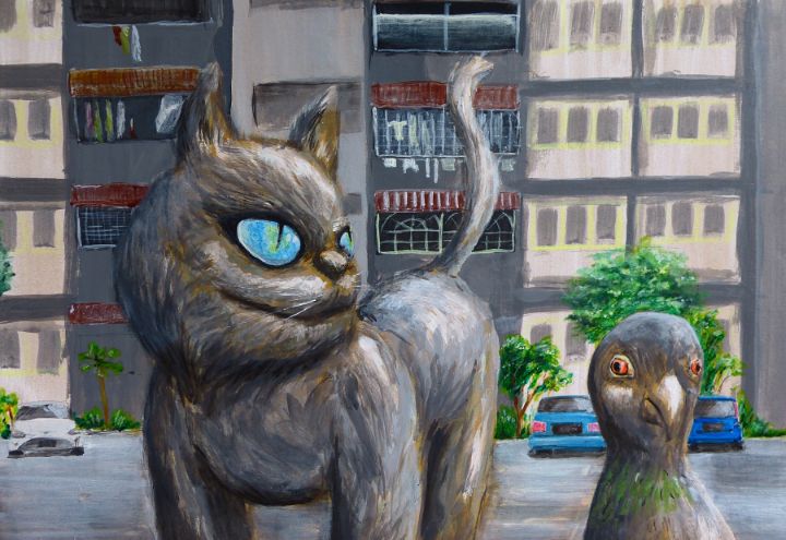 Cat and the pigeon - Art by Luigi Wong