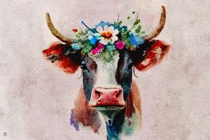 Cow with flowers on her head - Art by Ingrid Motzheim