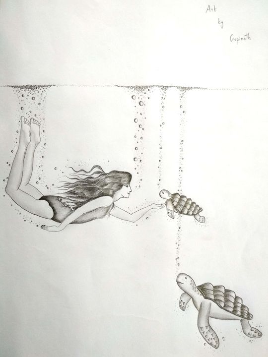 A girl swimming with turtles  Gopinath lb  Drawings  Illustration  Animals Birds  Fish Aquatic Life Other Aquatic Life  ArtPal