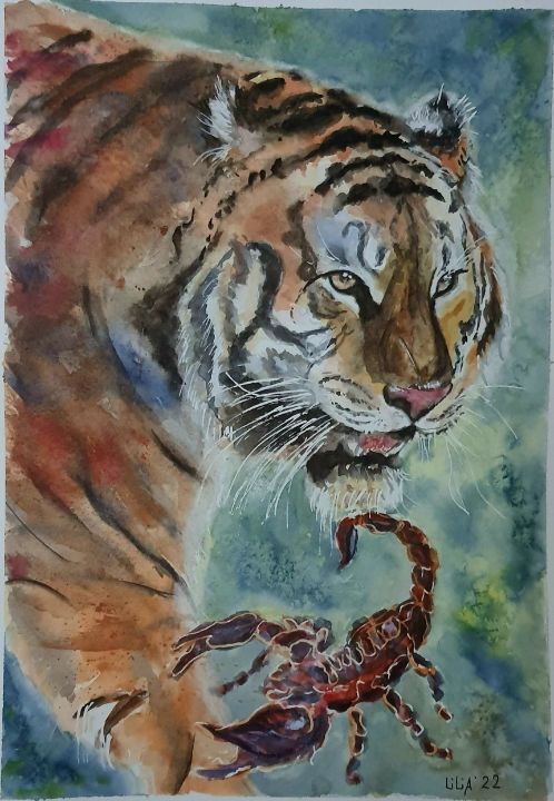 Tigers in Tiger Lilies - Reproduction of ferocious watercolor tigers,  looking more docile