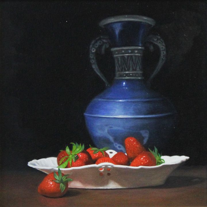 Blue vase and Strawberries - James Zhao Art Gallery