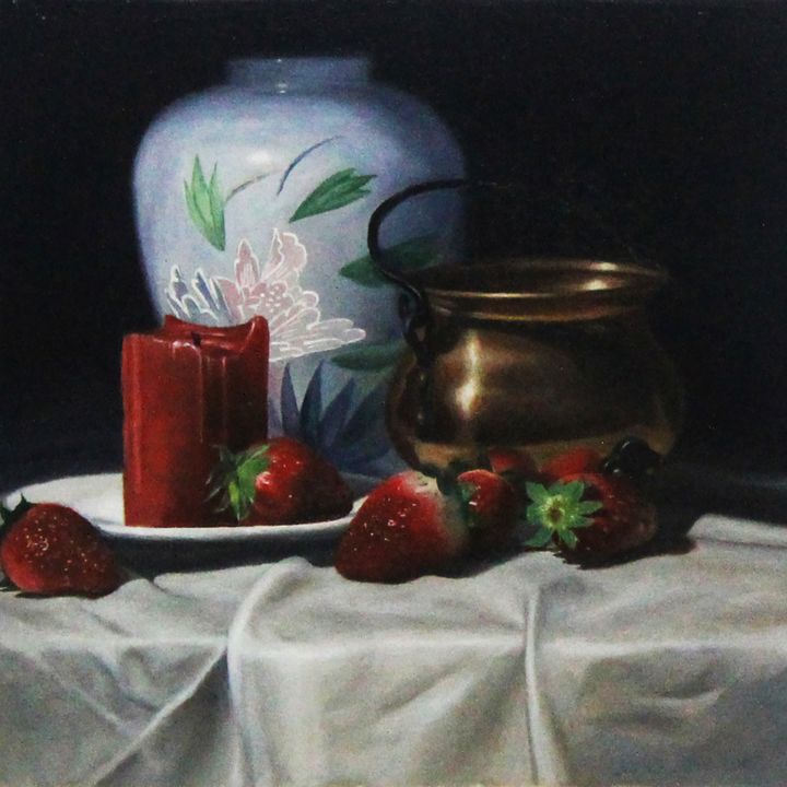 White Vase, Candle and Strawberries - James Zhao Art Gallery