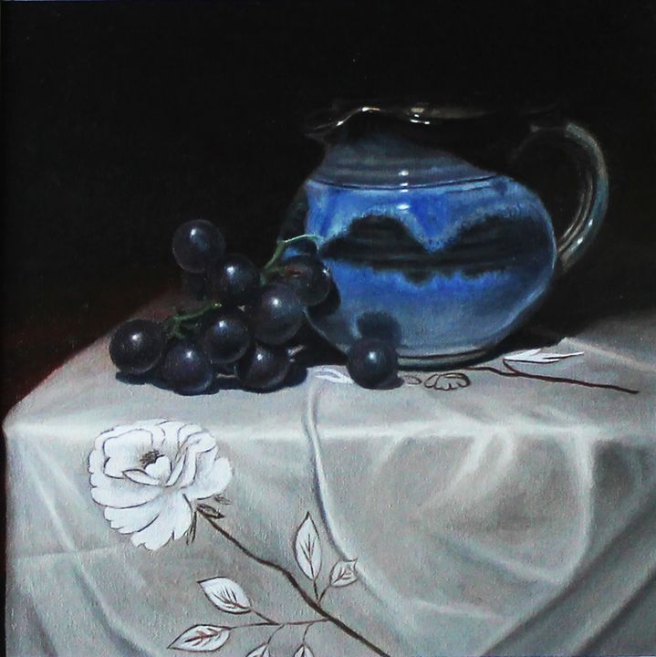 A Blue Jar and Dark Purple Grapes - James Zhao Art Gallery