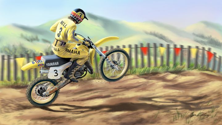 Mike "Too Tall" Bell on his Yamaha - Byron Chaney's Illustration and Design
