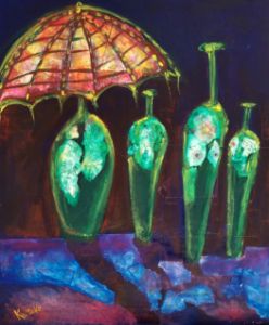 TIFFANY LAMP AND GREEN BOTTLES