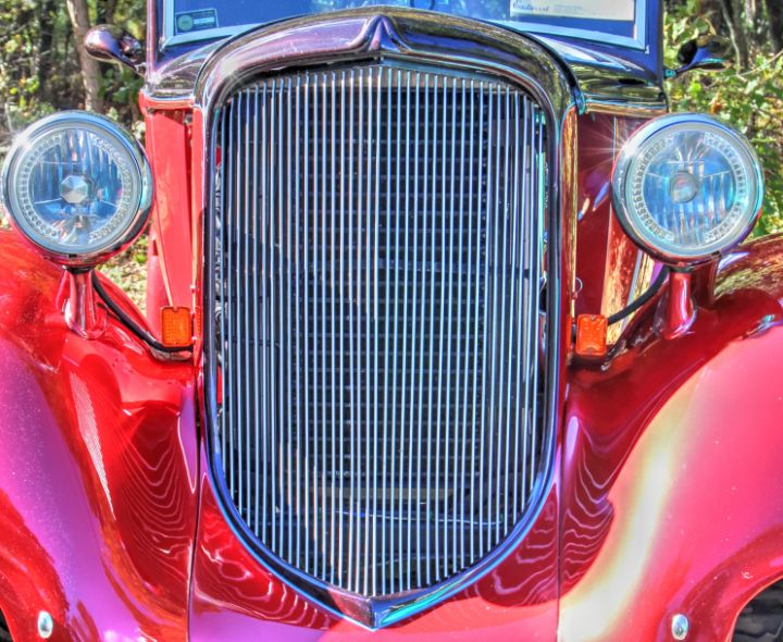 Vibrant, colors, brick red, powder blue, classic car, chrome, auto