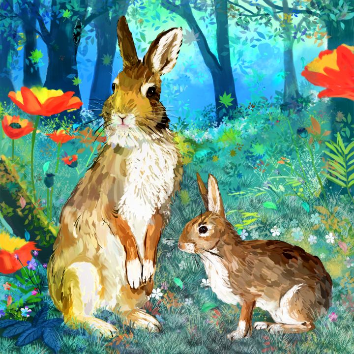 Bunnies in flowers - ArtbyJonz - Paintings & Prints, Animals, Birds ...