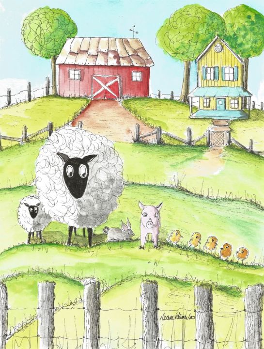 barn with animals drawing