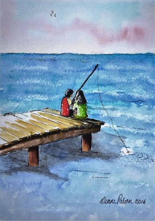 Kids Fishing Off Dock Watercolor Art - A Brush with the Past