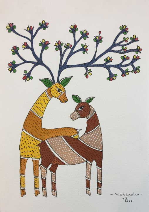 Gond Art Painting - Tree & Deer (14.5