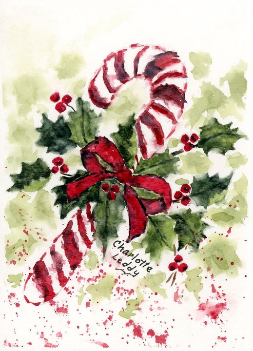 Candy Cane Charlotte Leddy Watercolor Prints Paintings