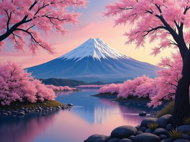 Mount Fuji with Blossoming Cherry - Oil and Canvas