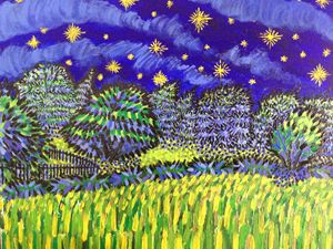 SOLD Original Painting buy Starry Night Over Wildflowers Landscape